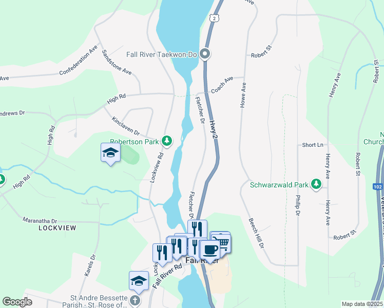 map of restaurants, bars, coffee shops, grocery stores, and more near 68 Fletcher Drive in Fall River