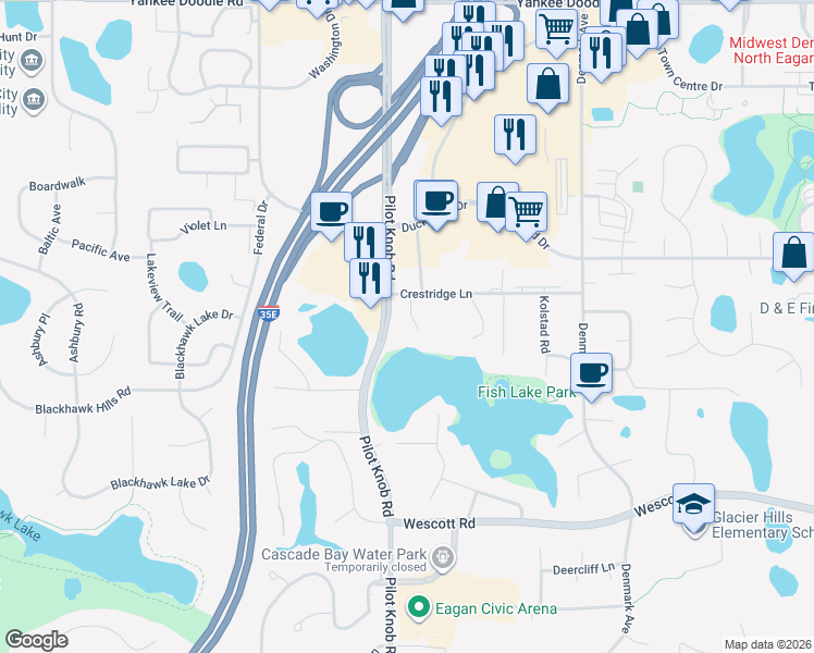 map of restaurants, bars, coffee shops, grocery stores, and more near 3647 Crestridge Court in Eagan