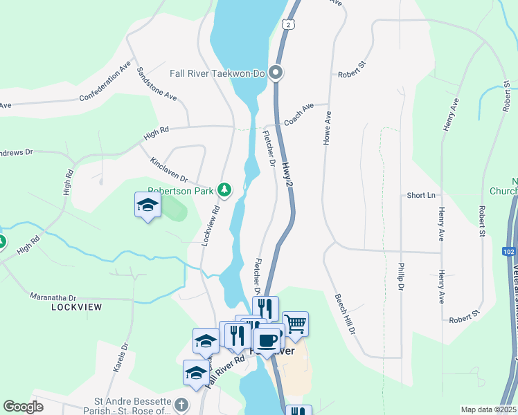 map of restaurants, bars, coffee shops, grocery stores, and more near 68 Fletcher Drive in Fall River
