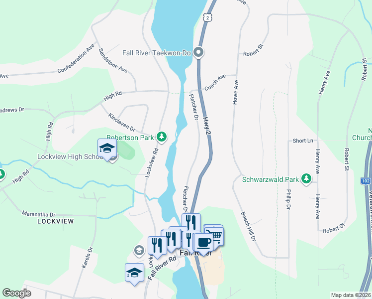 map of restaurants, bars, coffee shops, grocery stores, and more near 68 Fletcher Drive in Fall River