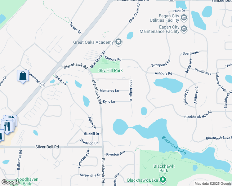 map of restaurants, bars, coffee shops, grocery stores, and more near 1750 Monterey Lane in Eagan