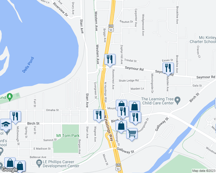 map of restaurants, bars, coffee shops, grocery stores, and more near 851 North Hastings Way in Eau Claire