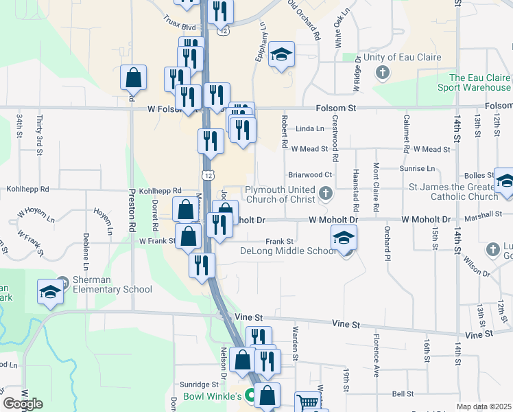 map of restaurants, bars, coffee shops, grocery stores, and more near 2227 Peters Drive in Eau Claire