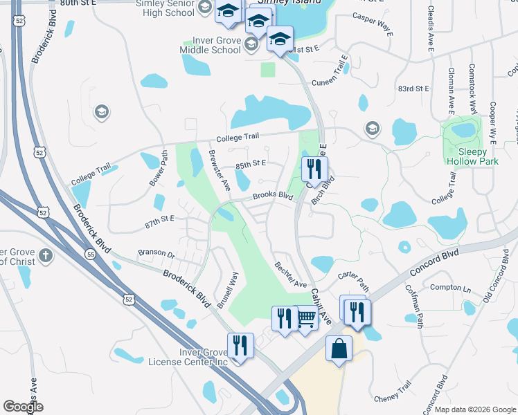 map of restaurants, bars, coffee shops, grocery stores, and more near 8589 Brinkley Lane in Inver Grove Heights