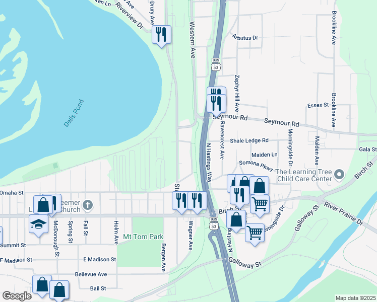 map of restaurants, bars, coffee shops, grocery stores, and more near 840 Evergreen Street in Eau Claire