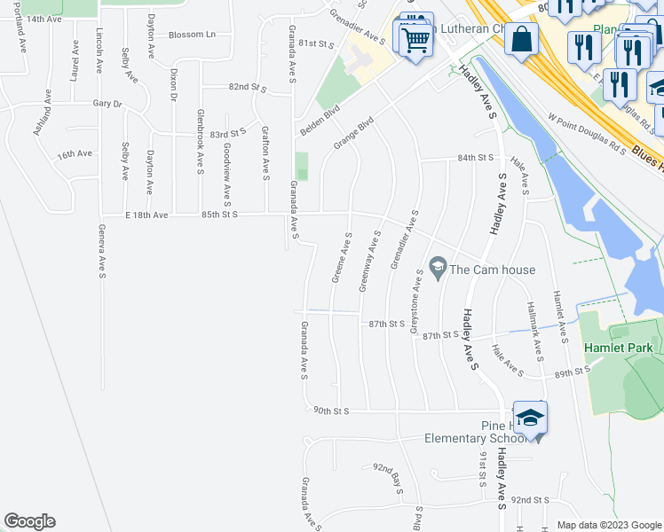 map of restaurants, bars, coffee shops, grocery stores, and more near 8630 Greene Avenue South in Cottage Grove