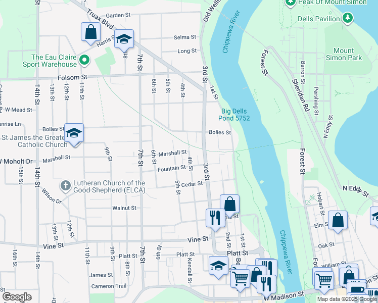 map of restaurants, bars, coffee shops, grocery stores, and more near 2433 4th Street in Eau Claire