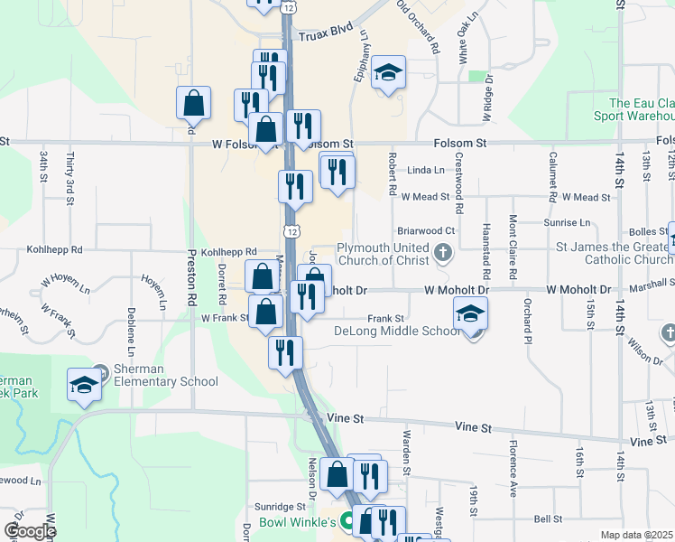 map of restaurants, bars, coffee shops, grocery stores, and more near 2331 Peters Drive in Eau Claire