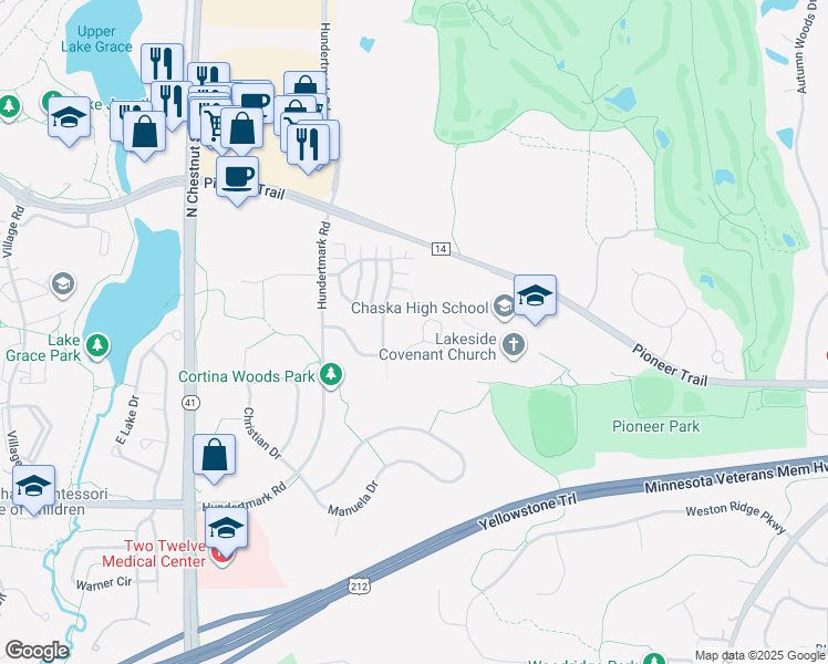 map of restaurants, bars, coffee shops, grocery stores, and more near 483 Campfire Curve in Chaska