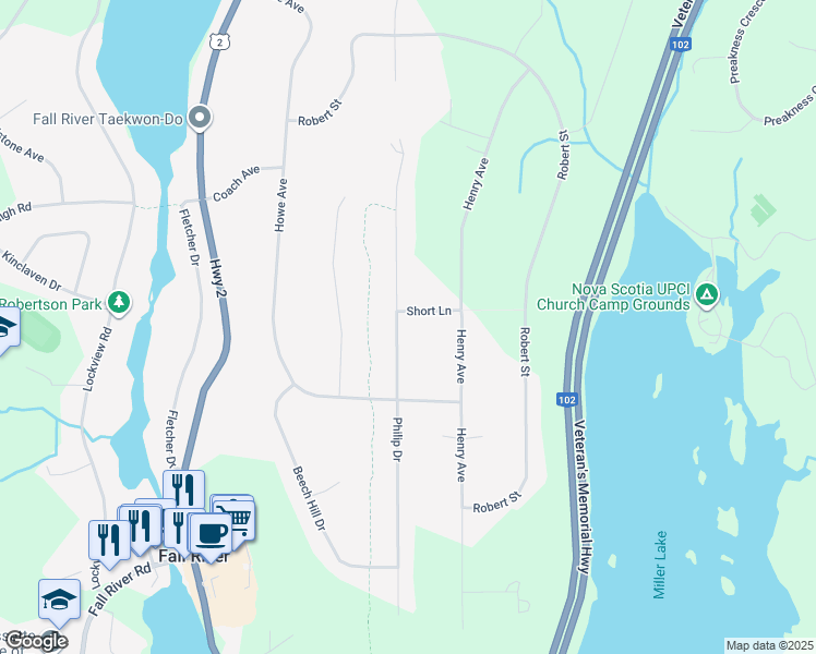 map of restaurants, bars, coffee shops, grocery stores, and more near 215 Philip Drive in Fall River