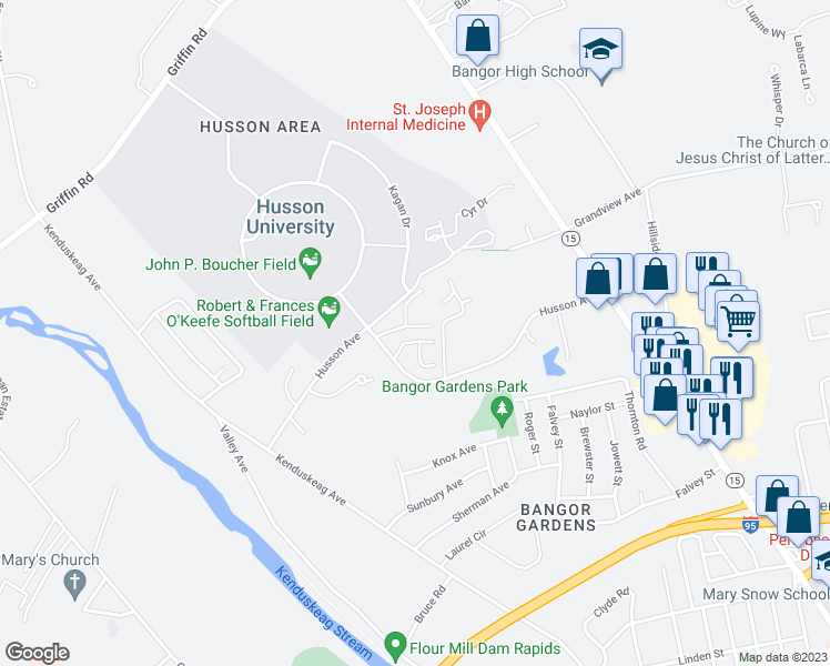 map of restaurants, bars, coffee shops, grocery stores, and more near 44 Fieldstone Drive in Bangor