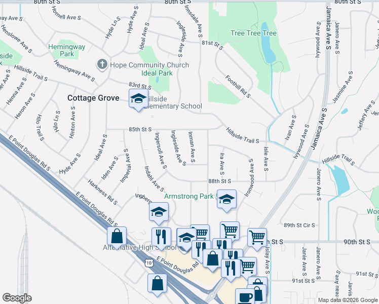 map of restaurants, bars, coffee shops, grocery stores, and more near 8644 Inman Avenue South in Cottage Grove
