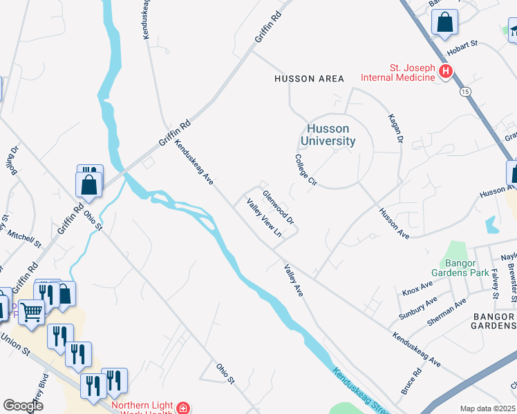 map of restaurants, bars, coffee shops, grocery stores, and more near 100 Glenwood Drive in Bangor