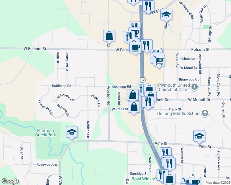 map of restaurants, bars, coffee shops, grocery stores, and more near 2414 Dorret Road in Eau Claire
