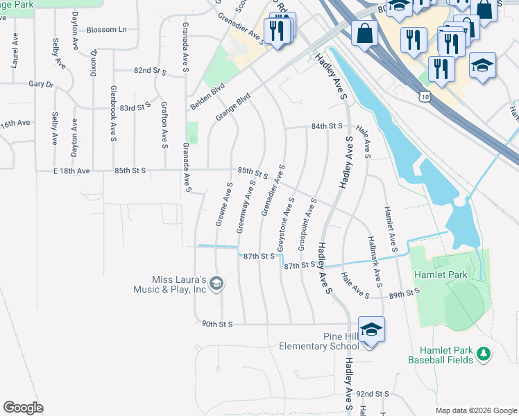 map of restaurants, bars, coffee shops, grocery stores, and more near 8622 Grenadier Avenue South in Cottage Grove