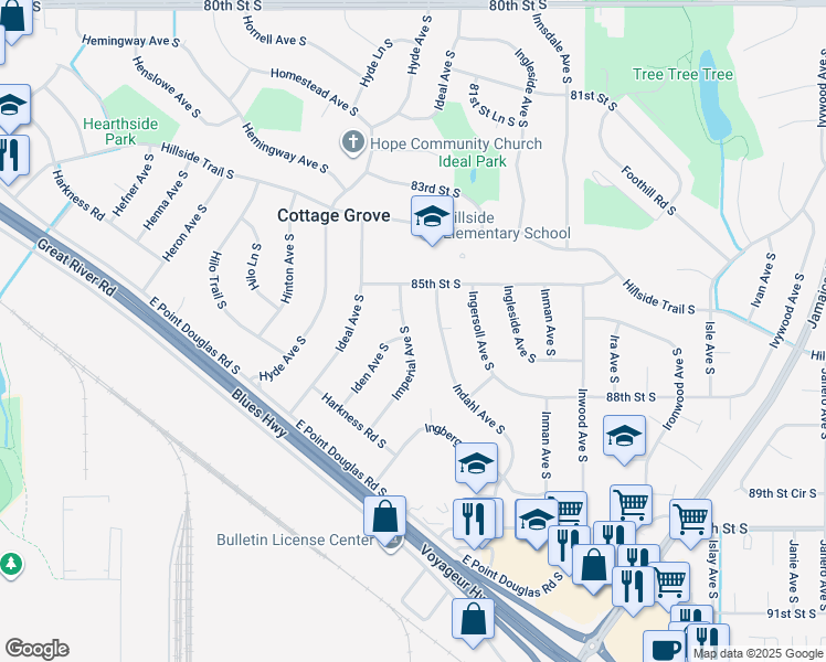 map of restaurants, bars, coffee shops, grocery stores, and more near 8627 Imperial Avenue South in Cottage Grove