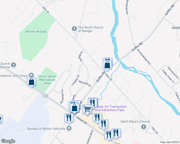 map of restaurants, bars, coffee shops, grocery stores, and more near 141 Bolling Drive in Bangor