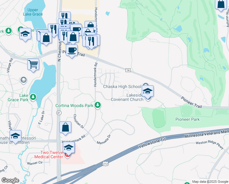 map of restaurants, bars, coffee shops, grocery stores, and more near 483 Campfire Curve in Chaska