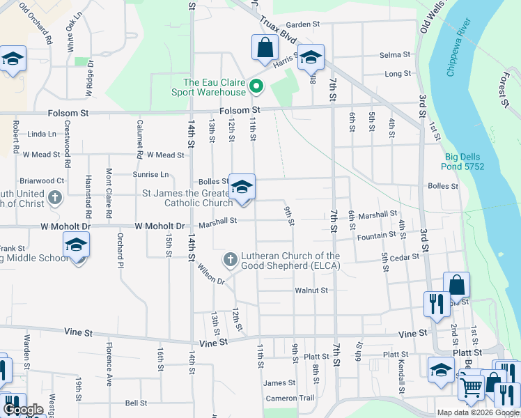 map of restaurants, bars, coffee shops, grocery stores, and more near 2519 11th Street in Eau Claire
