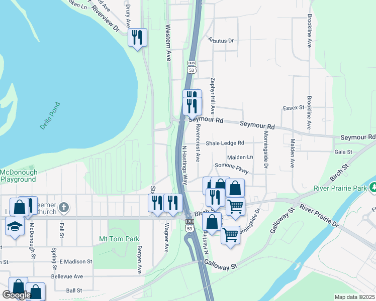map of restaurants, bars, coffee shops, grocery stores, and more near 851 North Hastings Way in Eau Claire