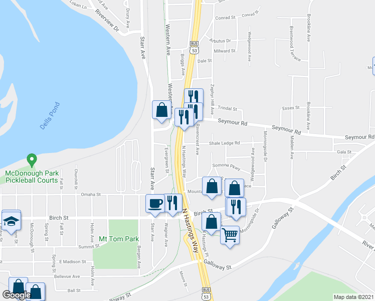 map of restaurants, bars, coffee shops, grocery stores, and more near 851 North Hastings Way in Eau Claire