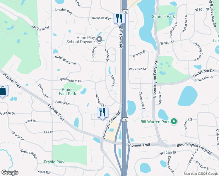 map of restaurants, bars, coffee shops, grocery stores, and more near 9774 Dorset Lane in Eden Prairie
