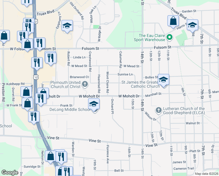 map of restaurants, bars, coffee shops, grocery stores, and more near 2431 Mont Claire Road in Eau Claire