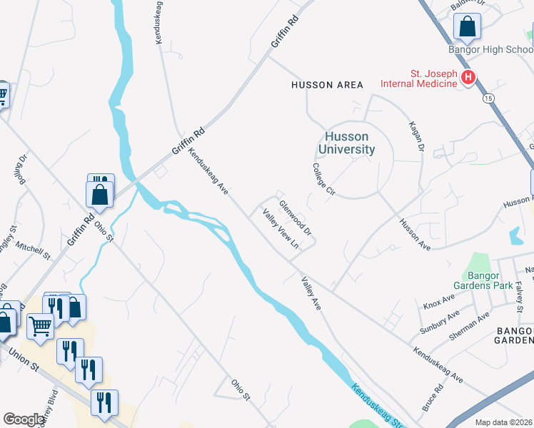 map of restaurants, bars, coffee shops, grocery stores, and more near 70 Valley View Lane in Bangor