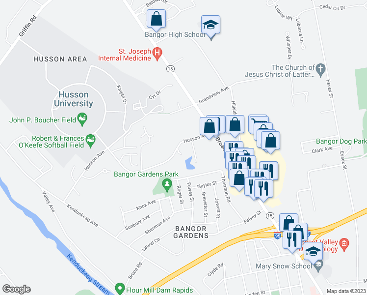 map of restaurants, bars, coffee shops, grocery stores, and more near 307 Husson Avenue in Bangor
