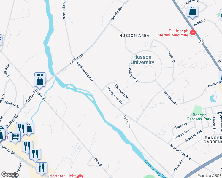 map of restaurants, bars, coffee shops, grocery stores, and more near 63 Valley View Lane in Bangor
