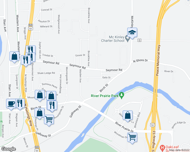 map of restaurants, bars, coffee shops, grocery stores, and more near 3214b Gala Street in Eau Claire