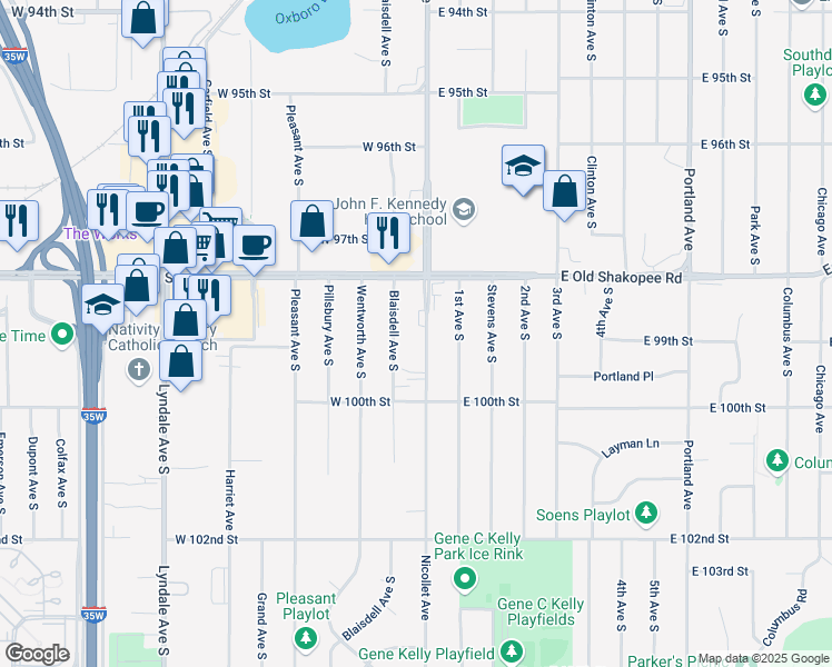 map of restaurants, bars, coffee shops, grocery stores, and more near 9904 Nicollet Avenue in Minneapolis