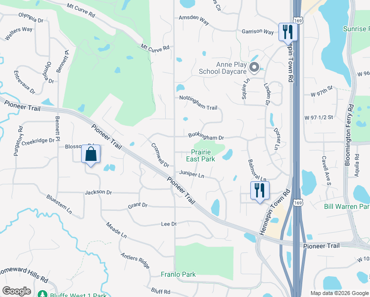map of restaurants, bars, coffee shops, grocery stores, and more near 10386 Balsam Lane in Eden Prairie