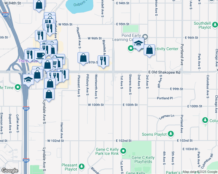 map of restaurants, bars, coffee shops, grocery stores, and more near 9904 Nicollet Avenue in Minneapolis
