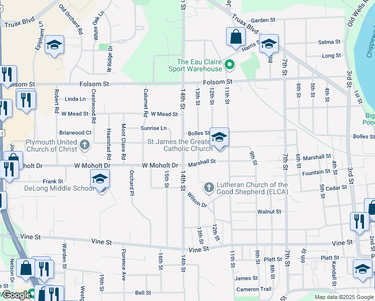 map of restaurants, bars, coffee shops, grocery stores, and more near 2435 14th Street in Eau Claire