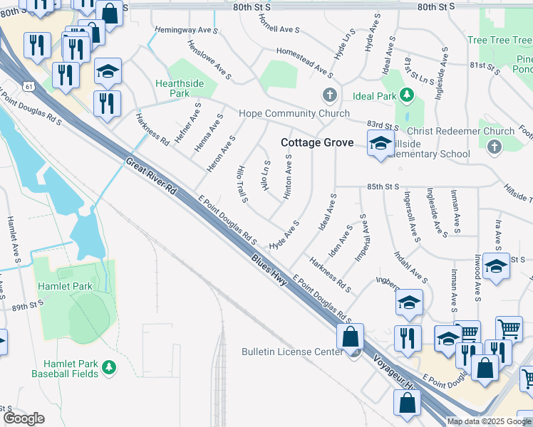 map of restaurants, bars, coffee shops, grocery stores, and more near 8610 Hinton Avenue South in Cottage Grove