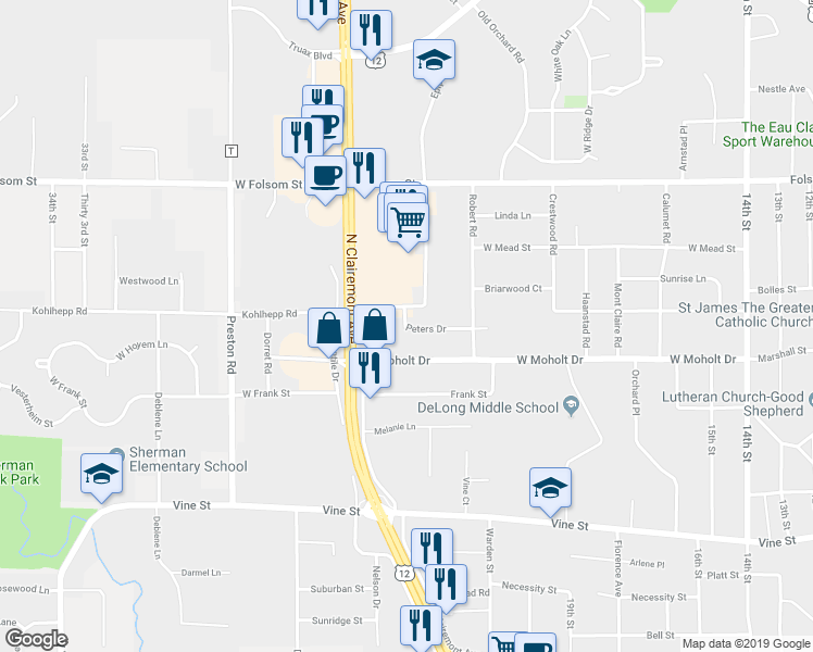 map of restaurants, bars, coffee shops, grocery stores, and more near 2324 Peters Drive in Eau Claire