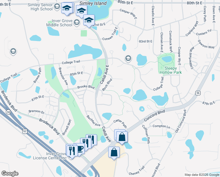 map of restaurants, bars, coffee shops, grocery stores, and more near 8648 Callahan Trail in Inver Grove Heights