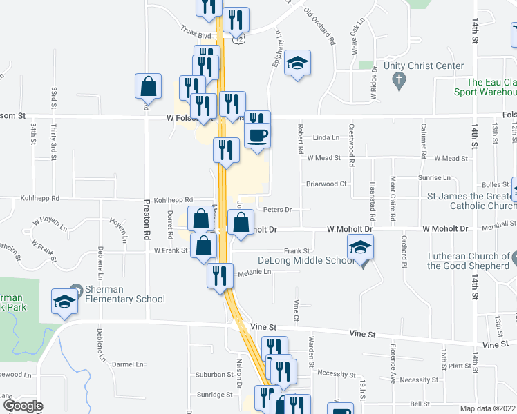map of restaurants, bars, coffee shops, grocery stores, and more near 2328 Peters Drive in Eau Claire