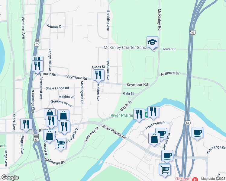 map of restaurants, bars, coffee shops, grocery stores, and more near 3214b Gala Street in Eau Claire