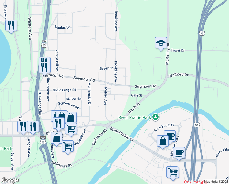 map of restaurants, bars, coffee shops, grocery stores, and more near 3120 Gala Street in Eau Claire
