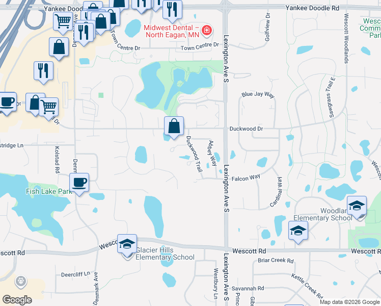 map of restaurants, bars, coffee shops, grocery stores, and more near 1195 Duckwood Trail in Eagan