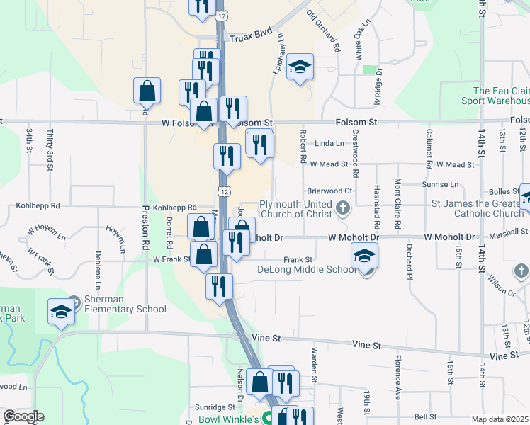 map of restaurants, bars, coffee shops, grocery stores, and more near 2326 Peters Drive in Eau Claire