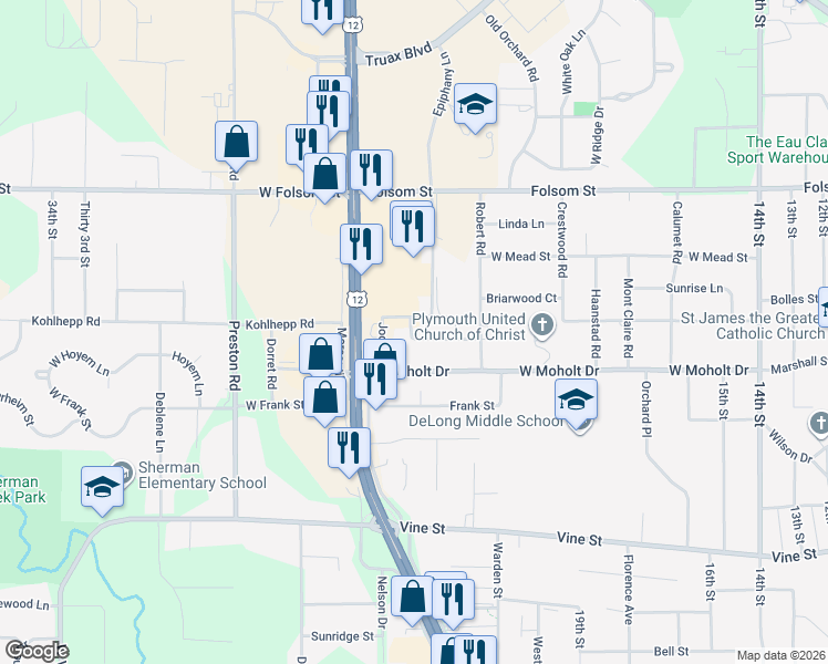 map of restaurants, bars, coffee shops, grocery stores, and more near 2331 Peters Drive in Eau Claire