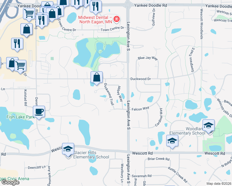 map of restaurants, bars, coffee shops, grocery stores, and more near 3623 Saint Francis Way in Eagan