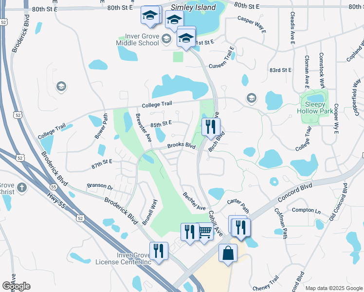 map of restaurants, bars, coffee shops, grocery stores, and more near 8605 Brinkley Lane in Inver Grove Heights