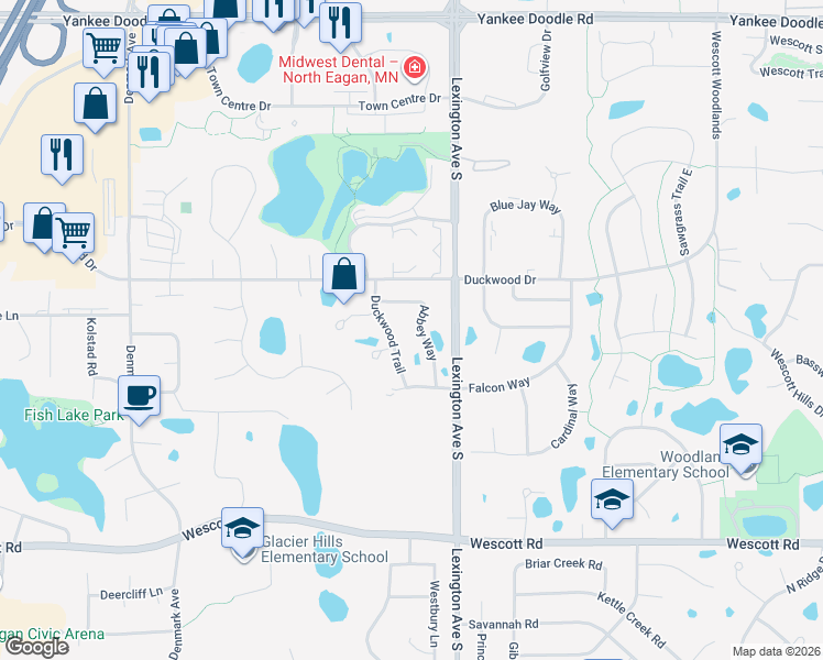 map of restaurants, bars, coffee shops, grocery stores, and more near 3623 Saint Francis Way in Eagan