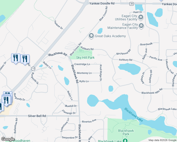map of restaurants, bars, coffee shops, grocery stores, and more near 1750 Monterey Lane in Eagan