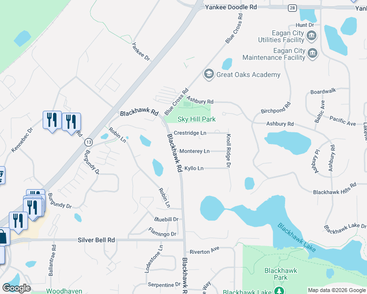 map of restaurants, bars, coffee shops, grocery stores, and more near 1770 Monterey Lane in Eagan