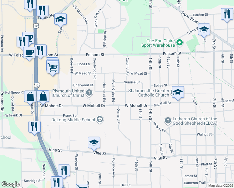 map of restaurants, bars, coffee shops, grocery stores, and more near 2431 Mont Claire Road in Eau Claire